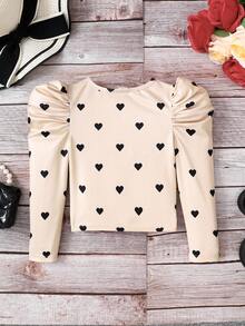 SHEIN Emery Rose Kids 少女心形图案方领羊腿袖休闲T恤 - 杏色 - 查看 4