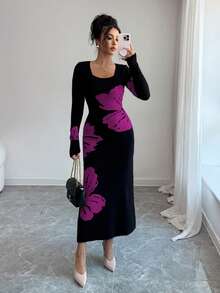 Elenzga Gaun Sweater Bodycon Rajut Jacquard Leher Persegi - Purple - View 4