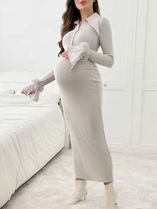 SHEIN 优雅纯色前扣长袖孕妇装 - 卡其色 - 查看 3