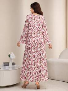 Al Najma Round Neck Floral Patchwork Solid Color Trim Printed Dress With Headscarf - Pink - View 5