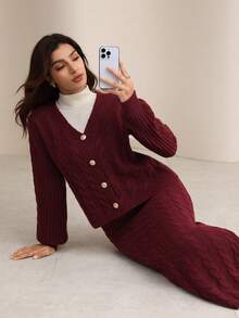 Modelyn 2件套女士冬季扭结柔软毛衣套装 - 酒紅色 - 查看 3