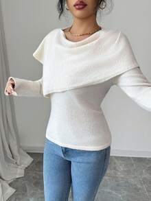 Rafferiza Women's Elegant Solid Color Asymmetric Collar Sweater, Autumn/Winter - Apricot - View 3