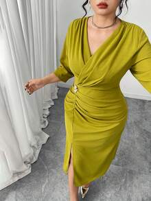 Modelyn Plus Size Women Elegant Cinched Waist Casual Dress - Green - View 5