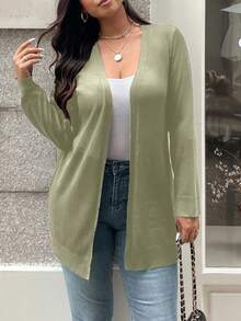 Vionelle Plus Size Casual Solid Color Front Open Cardigan, Autumn Sage Green Plus Size Cardigan Green Cardigan Women Cardigan Women Olive Green Women - Green - View 5