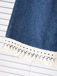 2 件套青少年女孩宽松休闲优雅设计圆领长袖 V 形褶边下摆上衣和直筒褶边牛仔裤休闲装，适合所有季节 - 米色 - 查看 7