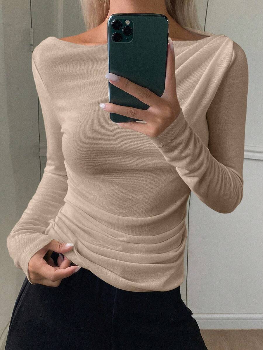 DAZY 女式优雅都市休闲修身露肩长袖T恤 - 卡其色 - 查看 1