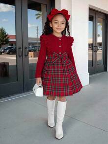 Elladie kids Young Girls Red Knit Plaid Patchwork Round Neck Long Sleeve Dress With Belt, Sweet Style, Suitable For Christmas, Autumn/Winter Christmas   Christmas Young Girls Dress  Princess Halloween/Christmas Party  Dresses Girls Red And Plaid Sets - Burgundy - View 3