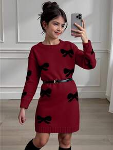 SHEIN 1 件女童毛衣裙，可爱风格，黑色蝴蝶结提花图案，圆领，常规袖子，袖口和下摆收紧，常规厚度，优雅象牙色针织裙，知性修身，适合春秋冬 - 酒紅色 - 查看 4
