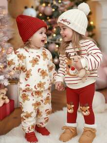 SHEIN Blanco crema, estampado de hombrecillo de jengibre de Navidad lindo y de dibujos animados, conjunto de sudadera con capucha y pantalones holgados, de ajuste casual para niña, de cuello redondo, cómodo, grueso, suave y cálido, adecuado para uso diario en otoño/invierno, hogar, Navidad, Año Nuevo, vacaciones