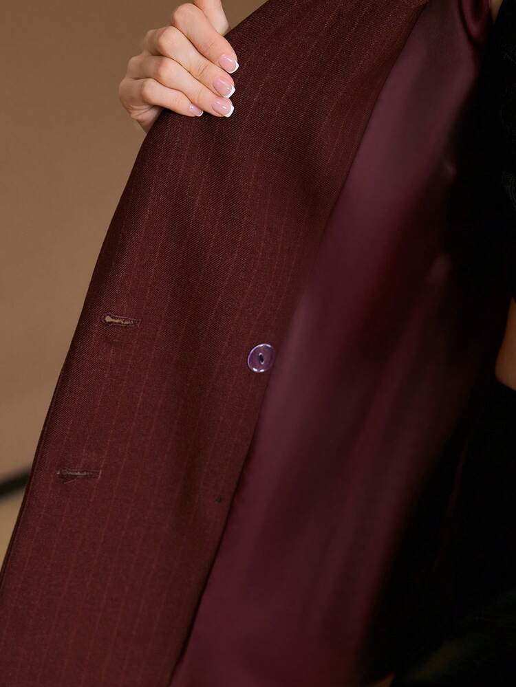 STRIPED PRINT LAPEL COLLAR DOUBLE BREASTED PLACKET GROMMET BUCKLE BELTED BLAZER , FALL WINTER