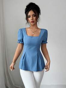 Elenzga Women Square Neck Cinched Waist A-Line Blouse - Blue - View 5