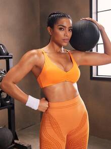 Powerista Sutien sport plisat de culoare uni pentru femei, pentru fitness, de zi cu zi