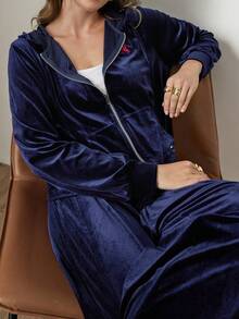 Comfylo 大码丝绒连帽衫和裤子套装，感恩节女装，圣诞节女装，冬季女装，时尚女装系列，优雅女装套装，长款毕业礼服，女士休闲套装 - 藏蓝色 - 查看 9