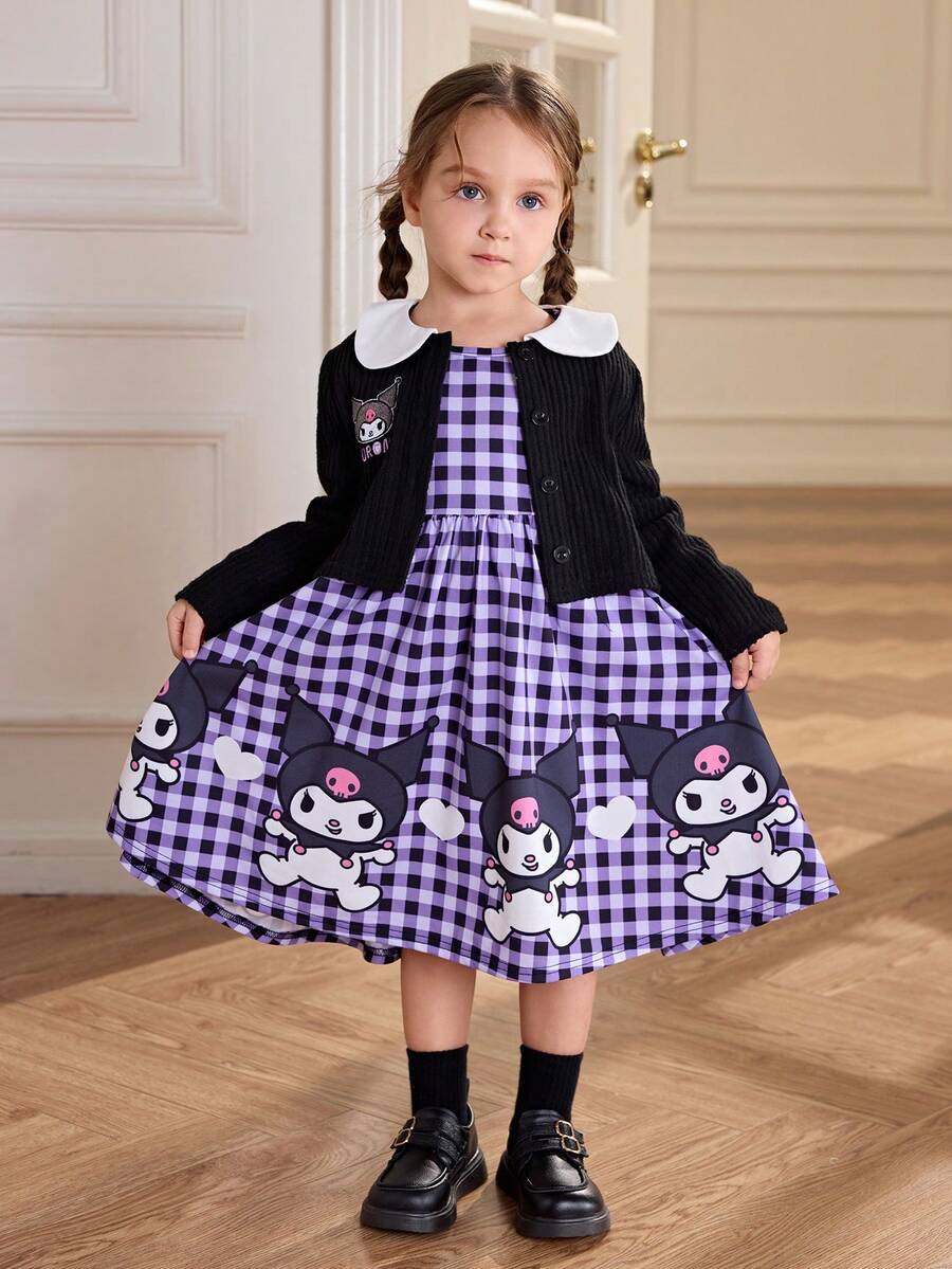 HELLO KITTY AND FRIENDS | SHEIN 2 件套少女卡通图案紫色格子长袖连衣裙和黑色卡通刺绣彼得潘领夹克