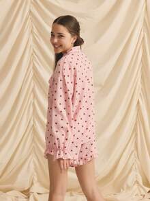 少女心形印花纽扣前开长袖衬衫和荷叶边下摆短裤套装 - 粉色 - 查看 2