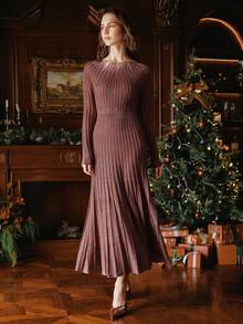 Anewsta 棕红色罗纹针织长袖长款毛衣连衣裙，金属丝线修身剪裁，优雅派对及圣诞节女士连衣裙，高端品质针织连衣裙 - 巧克力棕 - 查看 1