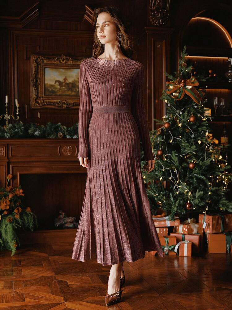 Anewsta Brown-Red Ribbed Knit Long Sleeve Maxi Sweater Dress, Metallic  Thread Slim Fit, Elegant Party & Christmas Dress For Women, High-End  Quality Knit Dress | SHEIN EUQS