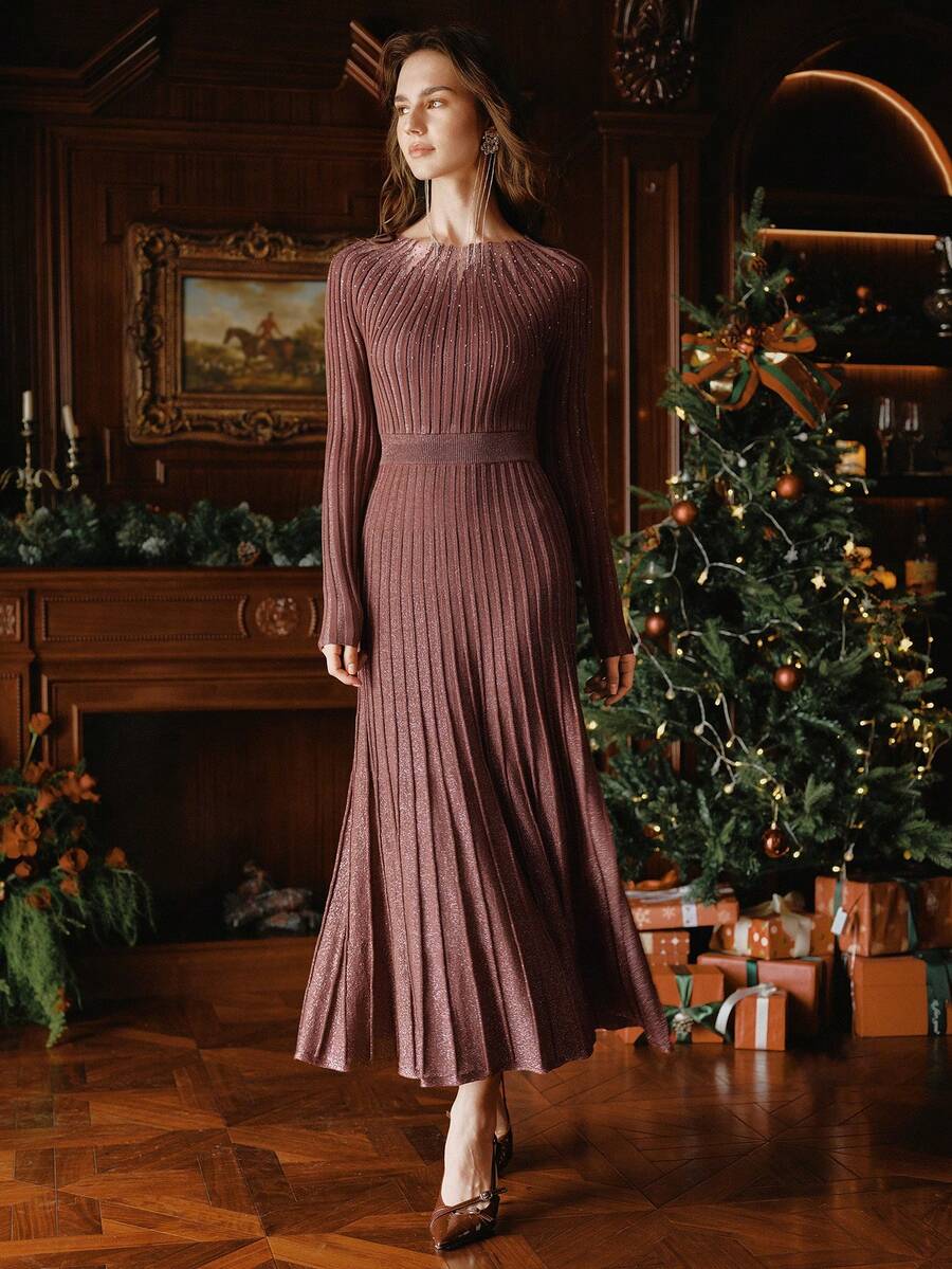 Anewsta 棕红色罗纹针织长袖长款毛衣连衣裙，金属丝线修身剪裁，优雅派对及圣诞节女士连衣裙，高端品质针织连衣裙 - 巧克力棕 - 查看 1