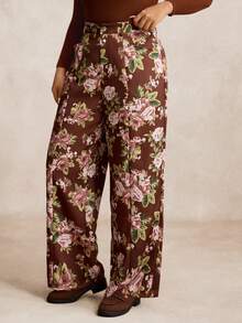 EMERY ROSE Plus Size Women Vintage Minimalist High Waist Elegant Digital Print Long Casual Pants, Winter - Brown - View 4