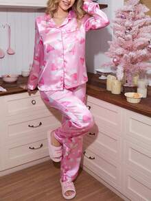 SweetSlumber بيجامة نسائية مكونة من ملابس علوية كم طويل وبنطال، مطبوعة بطبعة قبعة سانتا كلوز وقصبة السكر، من قماش الساتان، ملابس شتوية