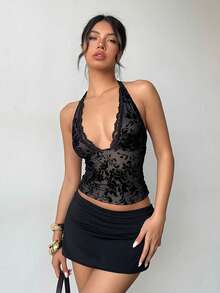 Aloruh 女士优雅性感花卉植绒网纱露背吊带背心，黑色上衣，优雅女士上衣，性感万圣节服装，女士秋冬装，纯色蕾丝上衣，简约日常休闲通勤上衣，黑色上衣，性感上衣 - 黑色 - 查看 5