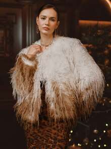 Anewsta 渐变色仿皮草大衣，适合秋季、秋季、冬季、外出、优雅、正式、派对、别致、新年、圣诞节、毕业典礼、婚礼 - 棕色 - 查看 3