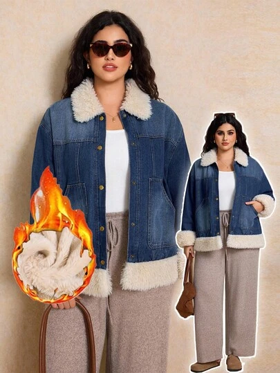 Elaquor 加大码蓝色牛仔绒面外套 法式优雅保暖大衣 休闲保暖款 感恩节服装 雪地外套 圣诞节服装