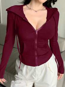 DAZY Valentine's Day Zip-Up Hoodie Sweatshirt, Slim Fit Women Sports Tee,Back To School Clothes Long Sleeve Women Tops - Burgundy - View 3