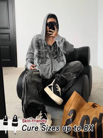 SHEIN CURVE+ Plus Size Women Gothic Vintage Distressed Plus Size Hoodie, Y2K Style Street Wear, Retro Fashion Graphic Print Pullover Sweatshirt For Office/School Commute, Versatile Punk Style, Lightweight Zip-Up Hoodie For Autumn/Winter