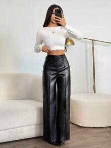 SHEIN PETITE Quần ống đứng trơn PU tối giản dành cho nữ, trang phục thường ngày, phù hợp cho mùa thu/đông, nâng cấp nhỏ nhắn - màu đen - Xem 7