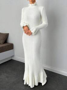 RueChic Women's Cute Ruffle Detailed Hem Cuff And Neck Long Sleeve Ribbed Knit Pattern Long Maxi Dress Winter Chic Knitwear Dress - White - View 6