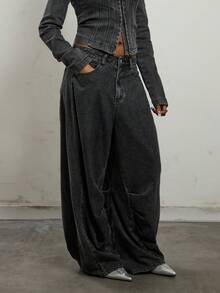 COUREZ Low Rise Baggy Balloon Fit Ruched Jeans In Dark Grey Denim Wash /Y2K Fall Winter Going Out Party New Year Sexy Low Rise Jeans - Medium Wash - View 5