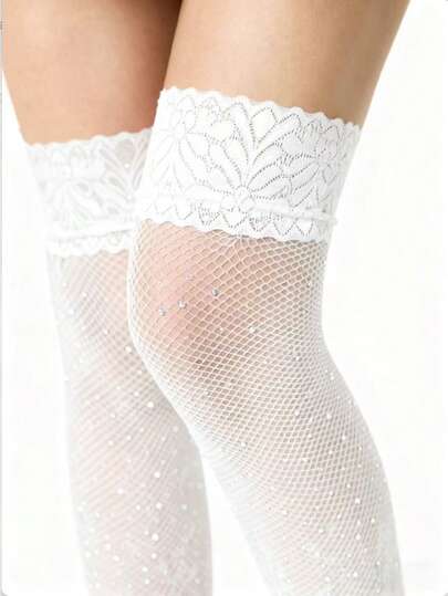 Kawaii 1 Paar modische & sexy fuchsiafarbene Strass-verzierte minimalistische romantische Netzstrümpfe bis zum Oberschenkel, geeignet für Musikfestivals, Dates, Galas