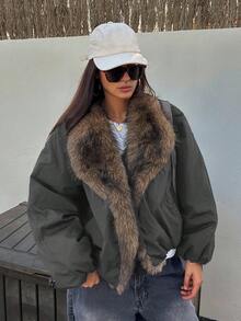 DAZY Áo khoác dày cổ rộng màu tương phản, thường ngày, đi phố, dành cho nữ, mùa thu/đông - Xám - Xem 3