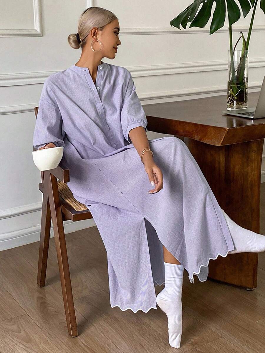 DAZY 条纹中长连衣裙，带荷叶边下摆，女士休闲家居服 - 淡紫色 - 查看 1
