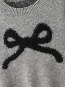 Sparklyn Áo len thường ngày phong cách Hàn Quốc mới, áo chui đầu cổ tròn trang trí nơ, đa năng, dáng rộng, áo dệt kim chất lượng cao - Xám - Xem 4