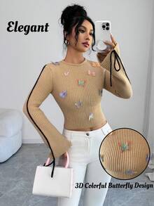 SHEIN Elenzya 女士优雅蝴蝶装饰针织毛衣上衣，适合工作、商务休闲、派对、秋冬 - 彩色 - 查看 1