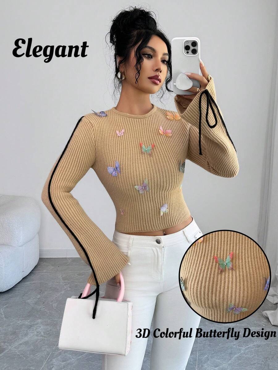 SHEIN Elenzya 女士优雅蝴蝶装饰针织毛衣上衣，适合工作、商务休闲、派对、秋冬 - 彩色 - 查看 1