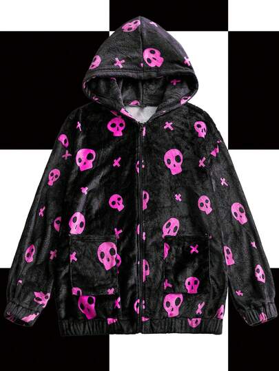 Shutterstock Y2Kool Oversized Contrast Color Casual Dark Punk Y2K Sherpa Zip-Up Hoodie Jacket, Suitable For Autumn/Winter Parties, Gatherings And Daily Wear Hooded Jacket Skull Print Jacket Y2k Jacket Black Jacket Pink Skull Jacket Pink Skull Hoodie Skull Pattern Jacket Stylish Clothing Collection New Year Outfits