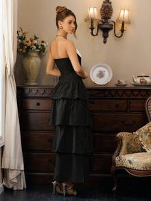 Glamine Charm Elegant Casual Party Black Woven Striped Strapless Dress With White Bow Accent, Maxi Length For Women - Black - View 2