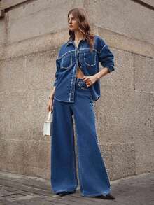 Selenza Women's Drop Shoulder Long Sleeve Single-Breasted Casual Pocket Denim Studded Shirt - Blue - View 9