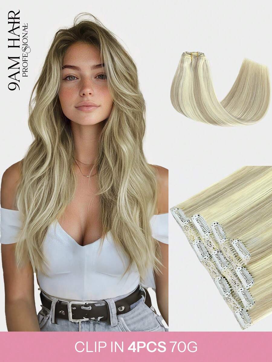 4PCS Clip In Hair Extensions Real Human Hair, Remy Human Hair Extensions Clip Ins For Women, Natural Human Hair, 70g-80g - S18/613 - View 1