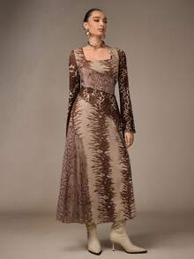Modelyn Fashionable New Leopard Print Patchwork Romantic Women Dress - Coffee Brown - View 4