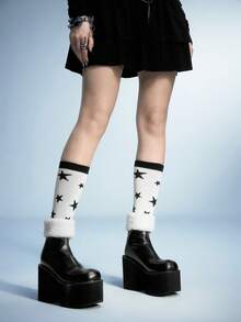 Women's Fashion Back Zipper Thick Sole Elastic Faux Fur Collar Ankle Boots - Black and White - View 5