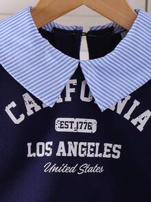 Young Girls Navy Blue Knit Patchwork Blue & White Striped Long Sleeve Sweatshirt, Fashion Letter Print Design, Versatile Children Autumn/Early Fall Pullover - Blue - View 6