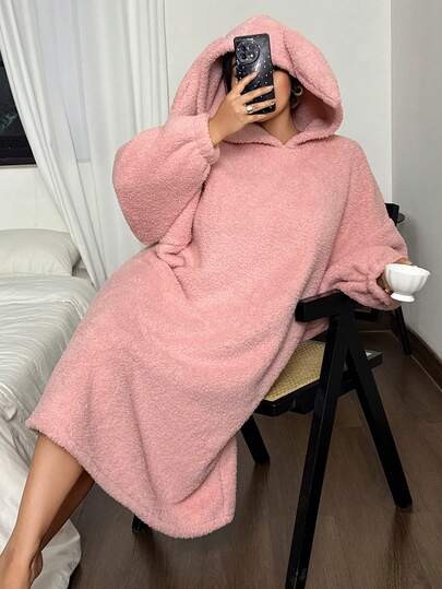 SHEIN 大码女式连帽长款兔耳可爱休闲宽松舒适睡袍毛绒睡衣可爱睡衣女式睡衣可爱家居服，冬季，哞哞睡裙