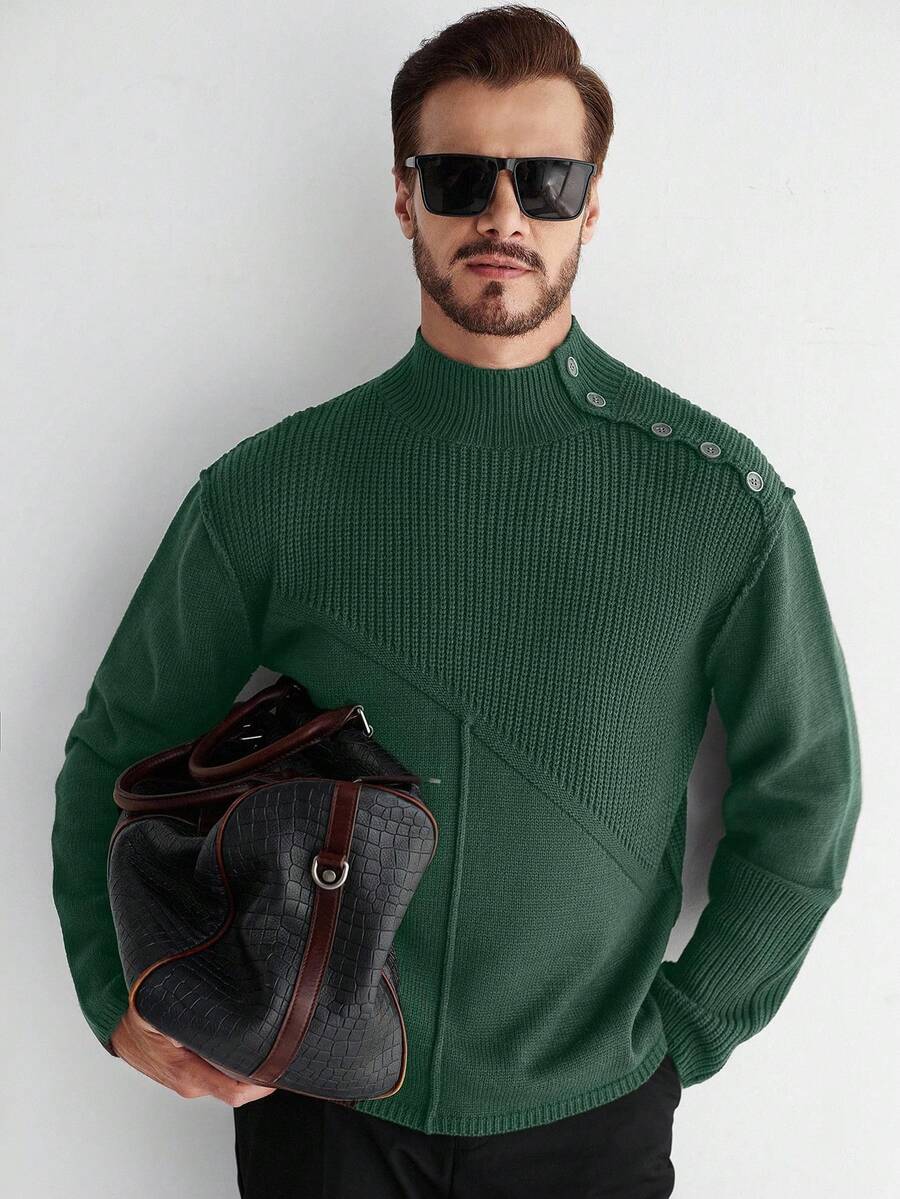 Manfinity CityGents Men's Casual Solid Color Long Sleeve Sweater, Autumn/Winter - Dark Green - View 1