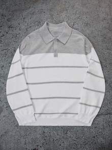 Manfinity Homme Áo len dệt kim dài tay cài nút màu tương phản cho nam, thường ngày, mùa xuân và mùa thu, phong cách Cityboy cổ điển, áo len sọc, mùa đông - Xám - Xem 3