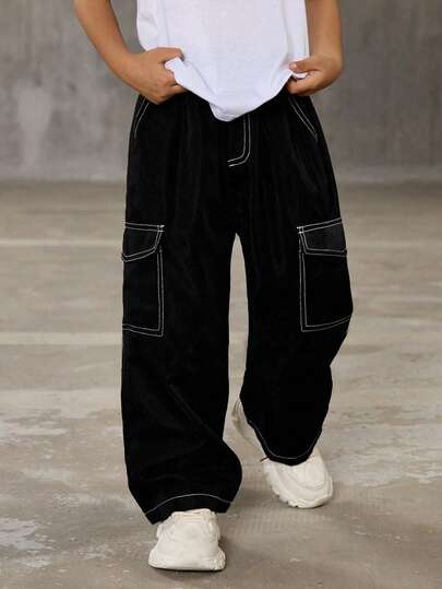 SHEIN Tween Boys Casual Everyday Comfortable Patch Pocket Contrast Trim Loose Straight Leg Cargo Pants, Suitable For Fall & Winter Seasons, Black Jeans, Cargo Pants, Baggy Jeans, Boys Clothes, Baggy Pants, Khaki Pants, Wide Leg Pants Young Boy Pants Black Baggy Pants Teen Boy Pants Kids Hip Hop Pants Black Cargo Pants