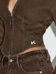 KIZN Cropped Denim Jacket With Front Zip And Contrast Stitching For Casual Fall Winter Outerwear - Chocolate Brown - View 4